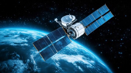 Satellite orbiting Earth, showcasing detailed solar panels and Earth's surface. Dark space background with stars. Digitally created image.