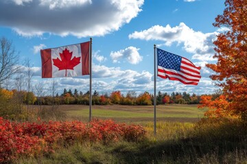 Canadian and american flags in autumn landscape
