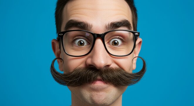 April Fool's Day: Hilarious Mustache and Glasses Prank - A comical April Fool's Day . A man with bushy eyebrows, a large mustache, and glasses makes a funny face. The evokes humor, surprise