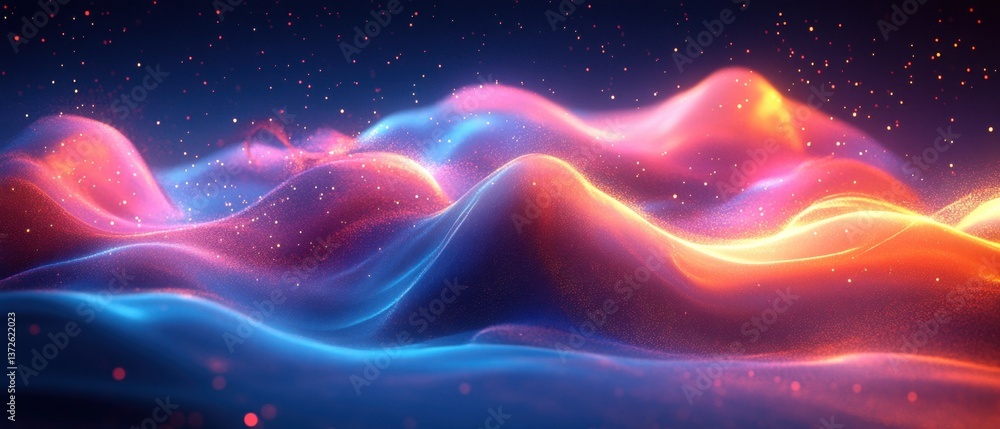 Poster luminous abstract landscape with glowing particles and vibrant colors creating a dreamy and ethereal