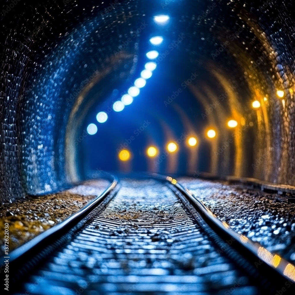 Poster train tracks recede into a dark tunnel illuminated by soft blue and warm yellow lights. water drople