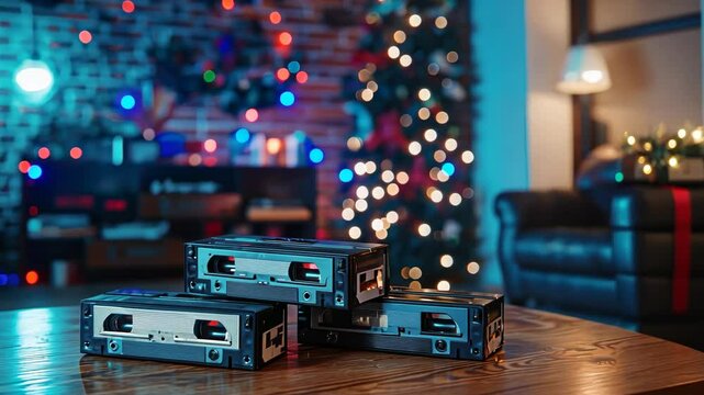 Christmas VHS Tapes on Wooden Table