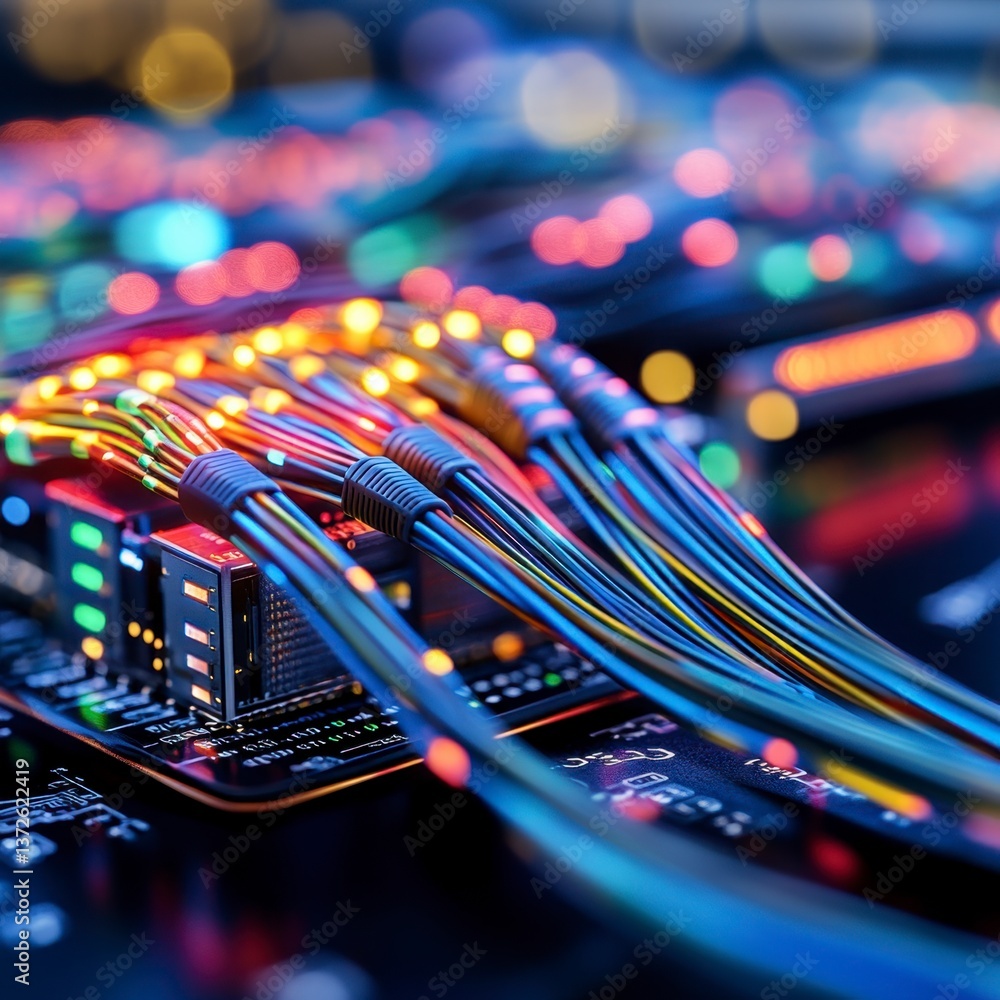 Poster close up view of colorful fiber optic cables connected to a circuit board, illuminated with vibrant 