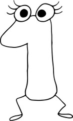 funny number one drawn with black lines in grunge style with eyes with eyelashes and legs