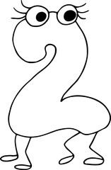 funny number two drawn with black lines in grunge style with eyes with eyelashes and four legs