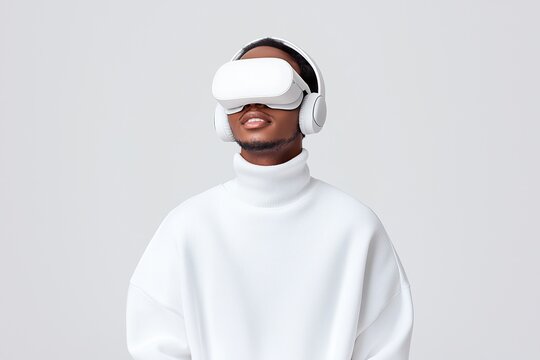 Person wearing virtual reality headset and headphones, immersed in a digital experience. - Powered by Adobe