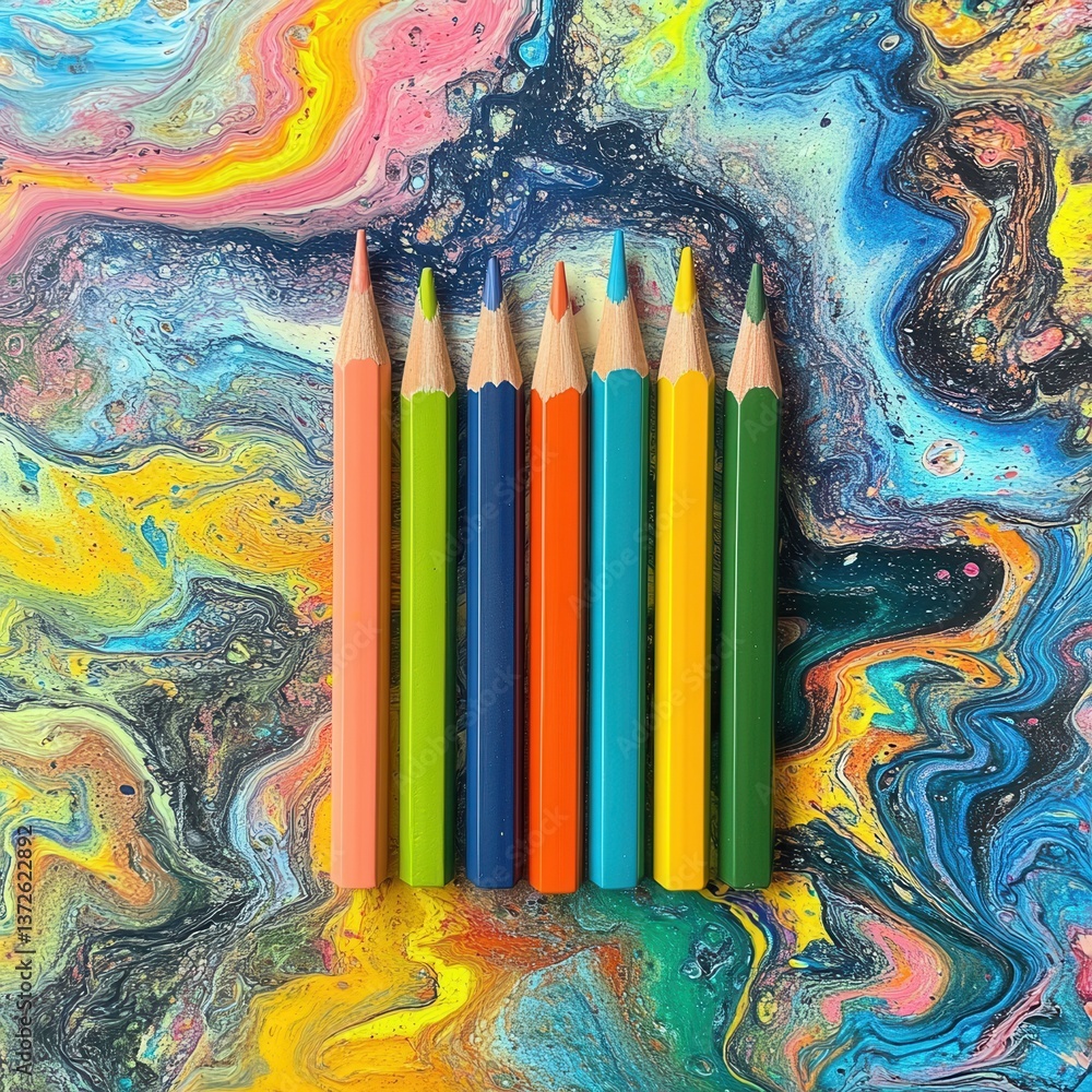 Poster vivid colored pencils arranged on a swirling abstract acrylic paint background creating a visual har