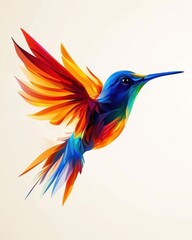 Obraz premium Vibrant hummingbird in flight artistic rendering with bold colors and dynamic composition on light background