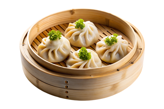 Dim Sum in a Bamboo Steamer on transparent background