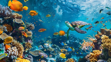 A massive coral reef teeming with exotic fish, sea turtles, and vibrant underwater plants