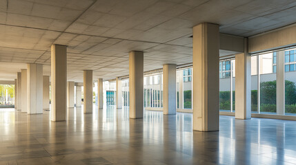 Modern Concrete Hall with Glowing Windows, Abstract Architectural Space