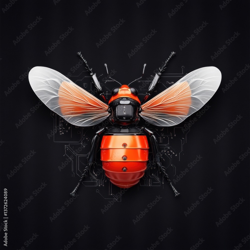 Poster a robotic bee with translucent wings and metallic orange body is shown against a dark background, wi