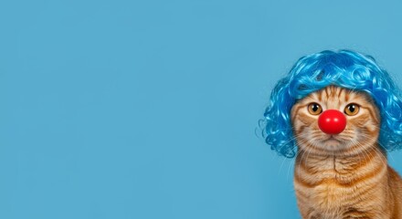 Cute Cat in Blue Wig and Red Nose - Adorable ginger cat wearing a blue curly wig and a red clown nose against a light blue background. Perfect for fun, playful themes