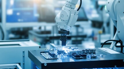 A high tech AI powered robotic arm for manufacturing, assembling precision components with real-time adjustments and high-speed efficiency, factory setting