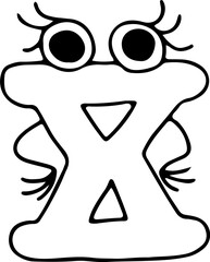 funny roman numeral ten with eyes with eyelashes resting its hands on its hips looking at the camera hand drawn with black lines in grunge style