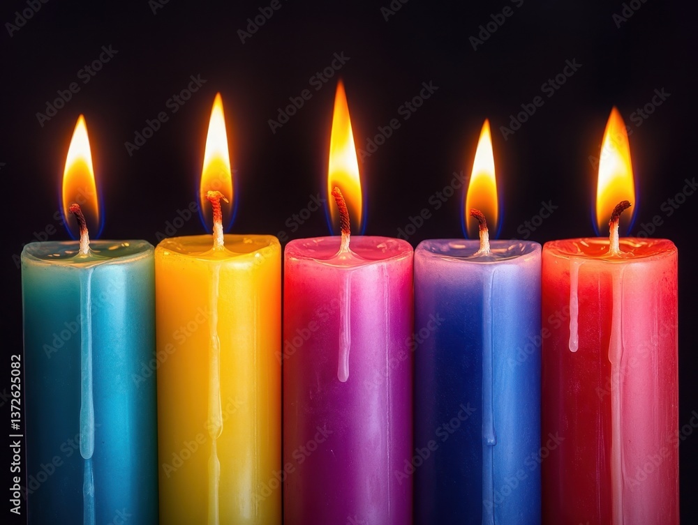 Poster five colorful candles with burning flames against dark background creating warm and inviting atmosph