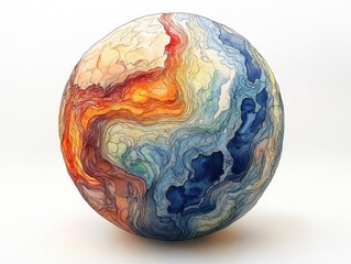 Create a mesmerizing, detailed globe showing magma currents beneath Earths crust, in beautiful watercolor and ink