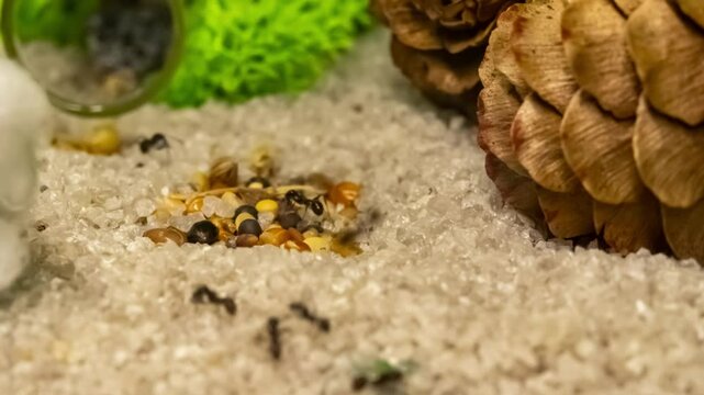 Messor Ants Time Lapse Feeding on a Sand Background Macro Shot. Insects Colony Life Close Up