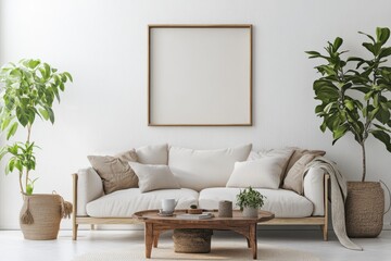 A bright living room with a white sofa plants and a blank picture frame on the wall interior design