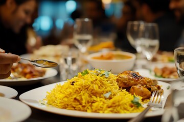 Enjoying Chicken Biryani Dish with Rice and Curry at Restaurant