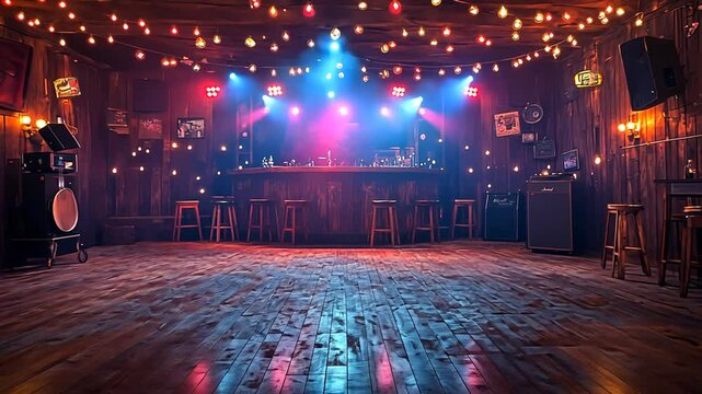 Rustic Bar and Dance Floor with Stage Lighting
