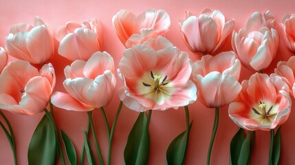 Pink tulips on a pink background presented as a flat lay banner. This elegant and simple design is perfect for heartfelt greetings and special occasion promotions.
