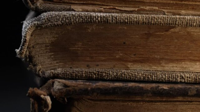 Aged Book Spines In Macro. Vintage Texture, Timeworn Details. Frayed edges pages