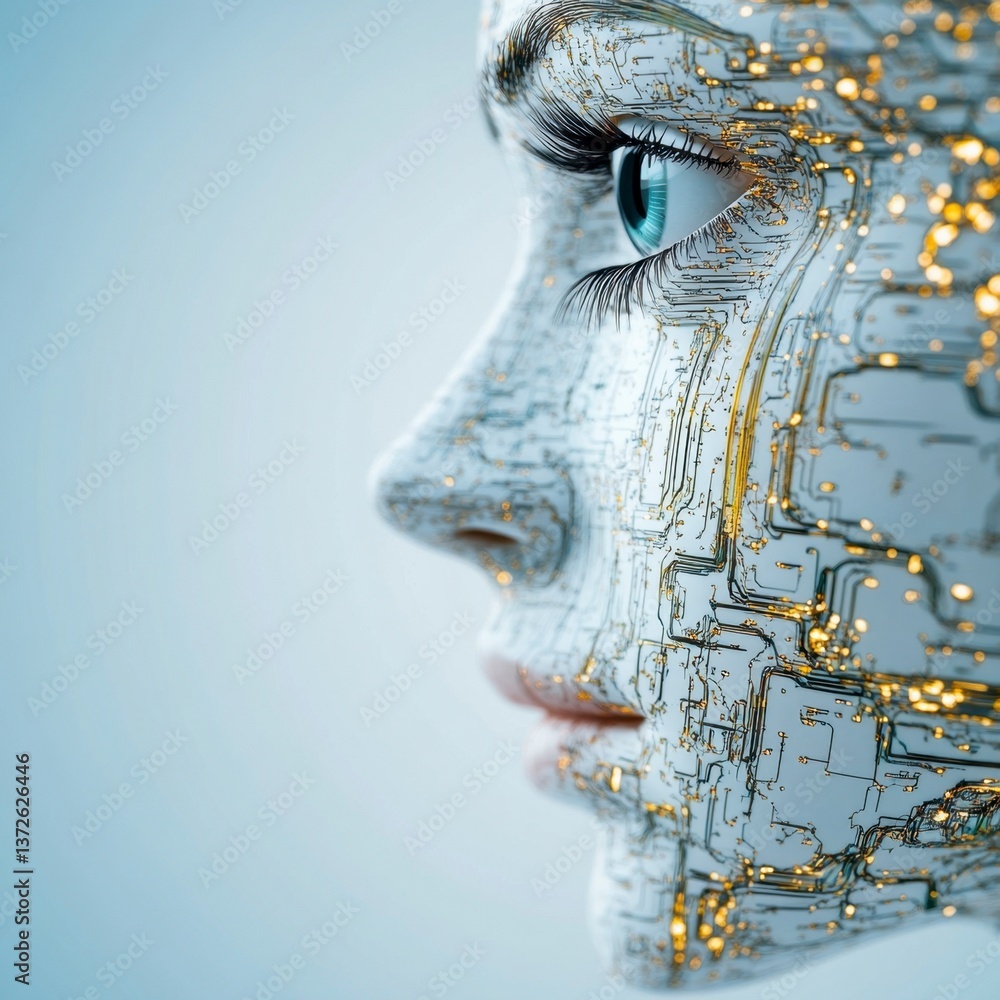 Poster close up profile view of a woman's face overlaid with a circuit board pattern, showcasing technology