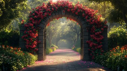 Fototapeta premium Enchanting Floral Archway In A Sunlit Garden. Dreamy Garden Gate With Roses And Inviting Path For Fairy Tale Or Romantic Theme.