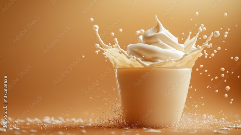 Poster creamy milk splash in a glass on a warm background dynamic liquid motion creating a refreshing and v