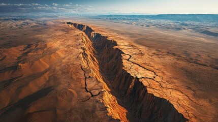 Generate an aerial view of Tectonic Fault Zones, with sharp contrasts, showing cracked earth and geological features, resembling oil painting techniques