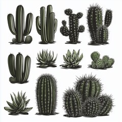 Set of monochrome cacti and succulents growing in desert
