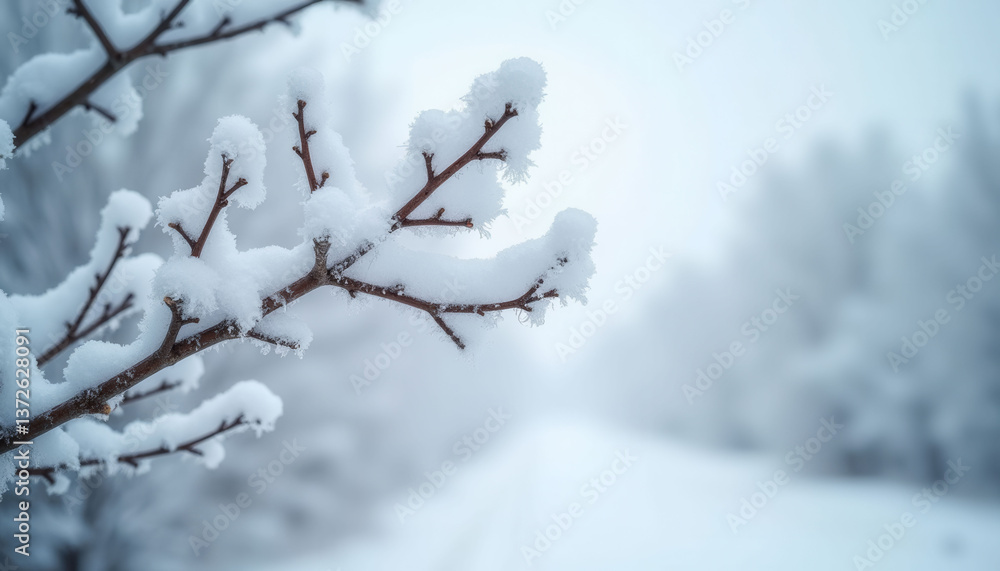 Poster a snow covered tree branch with a blurry background. concept of calmness and serenity, as the snow-c