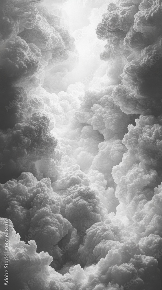 Poster ethereal monochrome cloudscape with dramatic lighting creating a sense of depth and texture in a ser
