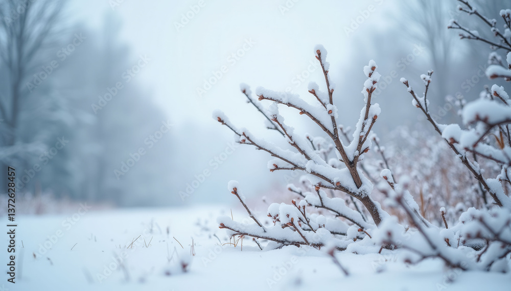 Poster a snow covered tree branch with snow on it. the branch is bent and has a few leaves still on it. the