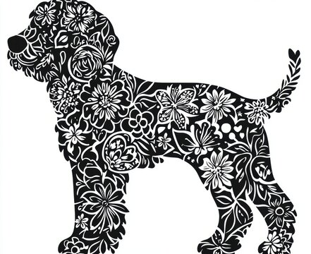 A charming goldendoodle silhouette adorned with colorful flowers in a simple art style