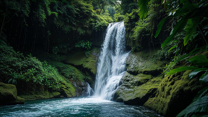 Naklejka premium A serene waterfall cascades through lush, vibrant rainforest, a hidden oasis of tranquility and untouched nature with deep green foliage and clear, cool water.