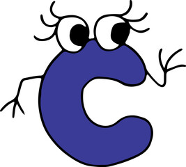 funny roman blue numeral one hundred with eyes with eyelashes and with hands looking away hand drawn with black lines in grunge style