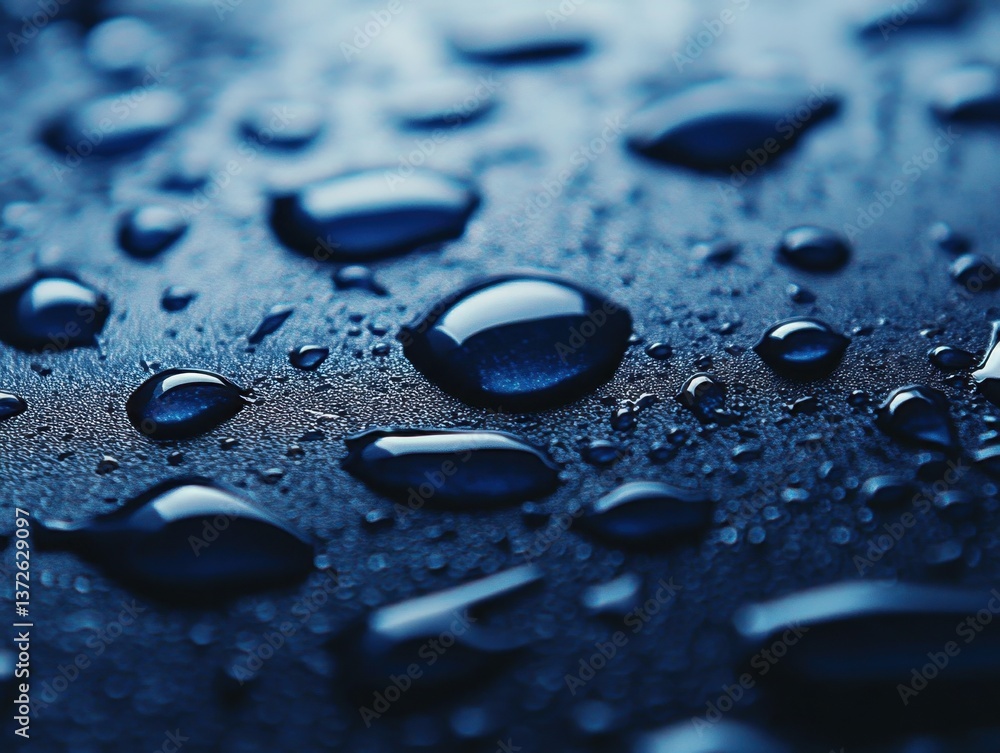 Poster captivating close up of water droplets on a dark surface creating a serene and reflective abstract p