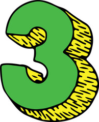 green yellow number three in 3D with shadow in the form of strokes drawn by hand with black lines in grunge style