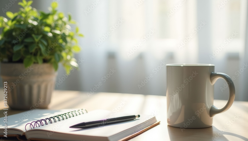 Poster a white mug sits on a table next to a notebook. the mug is empty and the notebook is open to a page 