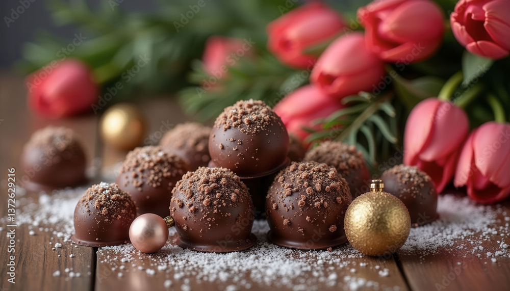 Poster a table is covered with a variety of chocolate truffles, some of which are piled on top of each othe