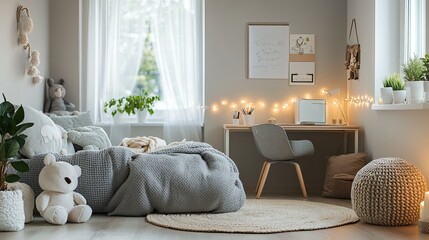 Modern child's room with a comfortable bed and desk, perfect for study and relaxation. 