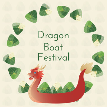 Dragon Boat Festival frame with decorative zongzi, rice and Dragon boat. Vector illustration for Duanwu Festival on pattern light green color background