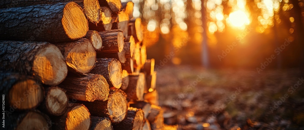 Poster warm golden hour light illuminating stacked logs in a forest setting creating a rustic and natural s