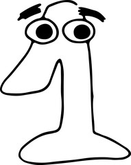 funny number one with eyes and eyebrows looks at camera in surprise drawn by hand with black lines in grunge style