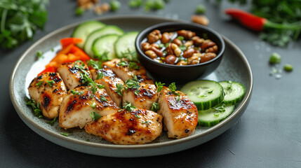 Grilled Chicken Slices with Cucumber and Peppers on a Ceramic Plate Dark Gray Background Gourmet Meal with Fresh and Organic Ingredients in a Culinary Presentation