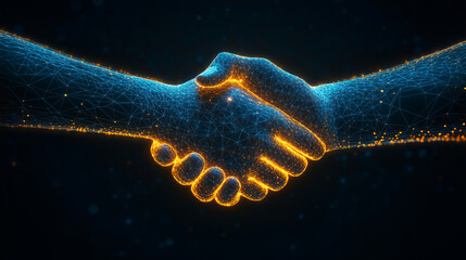 Futuristic virtual handshake symbolizing collaboration and connection in digital world, showcasing innovation and technology