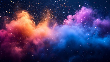 Obraz premium Abstract background with a vibrant color explosion and dynamic dust particles isolated on a black background. A mesmerizing display of falling colored powder creating a dramatic visual effect.