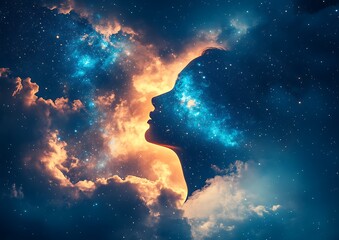 Fototapeta premium Woman profile in starry night sky